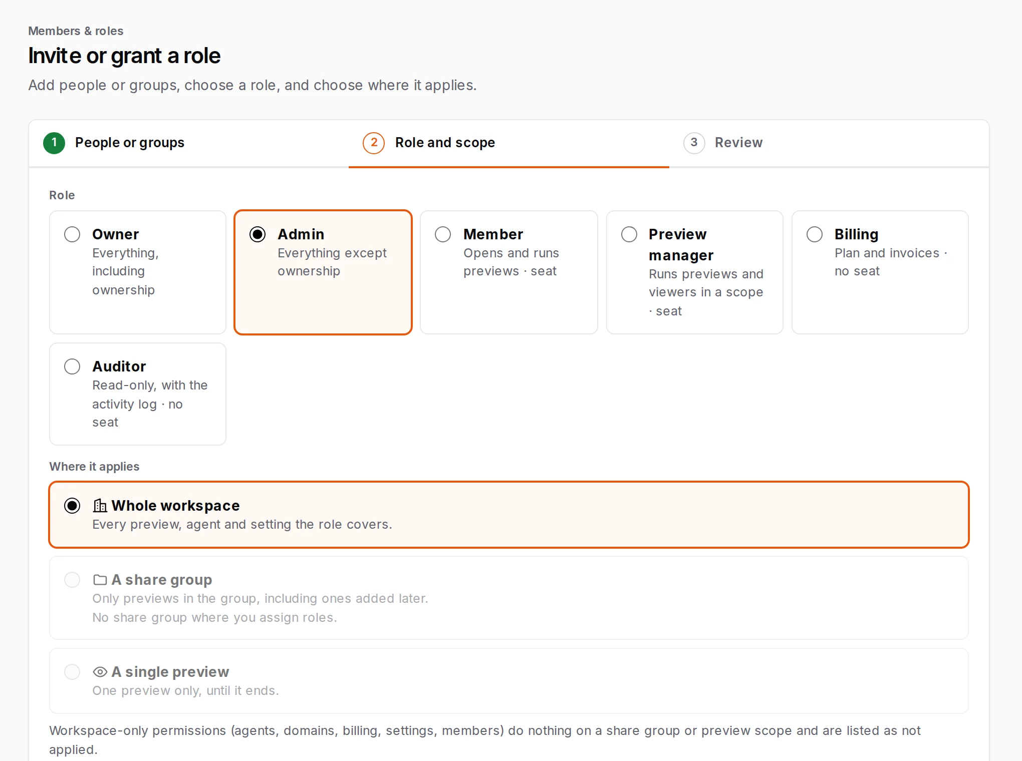 Invite or grant a role, step 2: the role cards and where the role applies