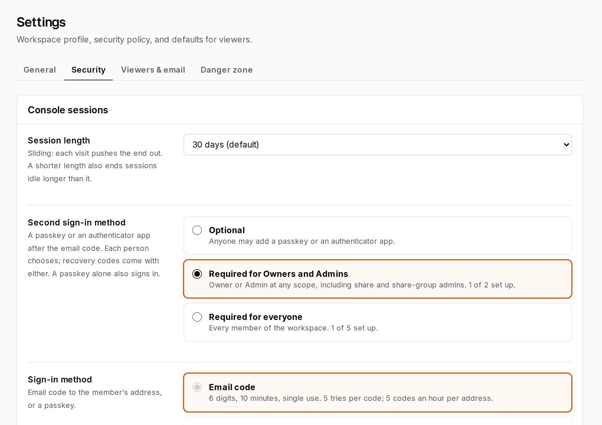 Settings › Security: console session length and the second sign-in method policy