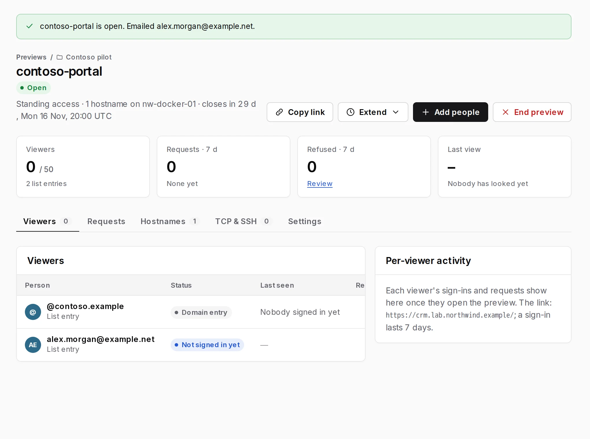 A standing-access preview with a domain entry and one address on its list