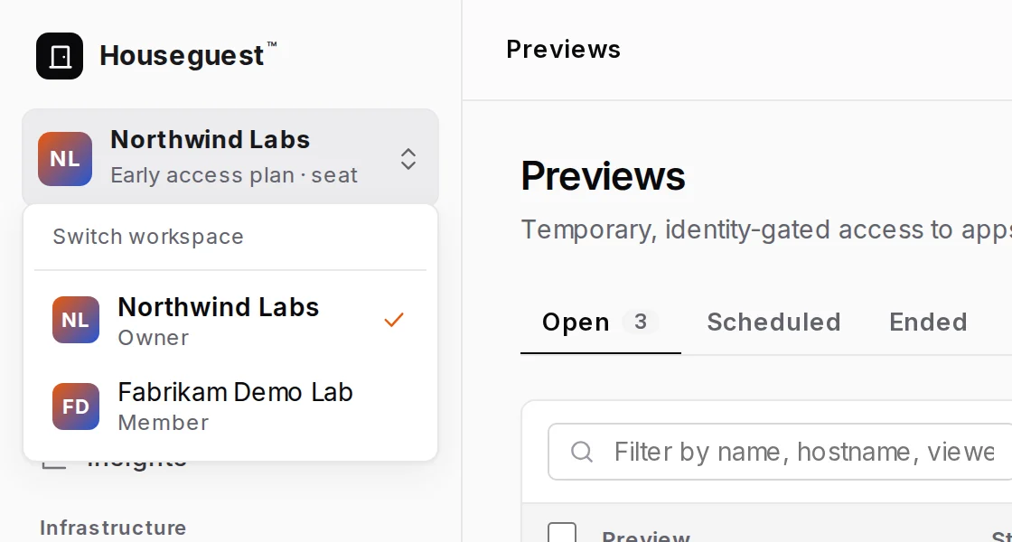 The workspace switcher, listing two workspaces with the role in each