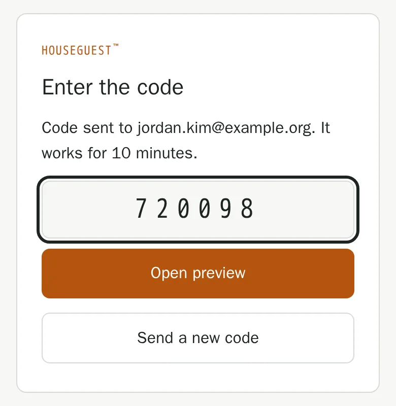 Entering the 6-digit code, with Open preview and Send a new code