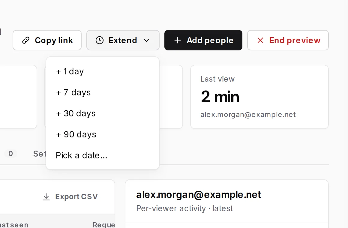 The Extend menu on a standing-access preview: + 1 day, + 7 days, + 30 days, + 90 days, Pick a date