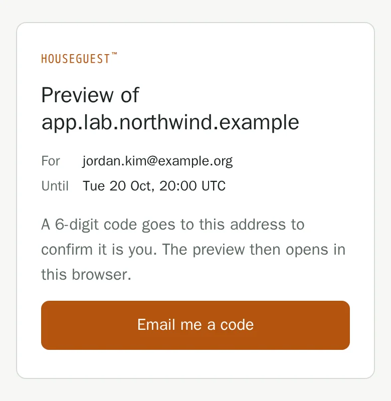 The invite page a viewer sees: the preview's hostname, their address, the end time and Email me a code