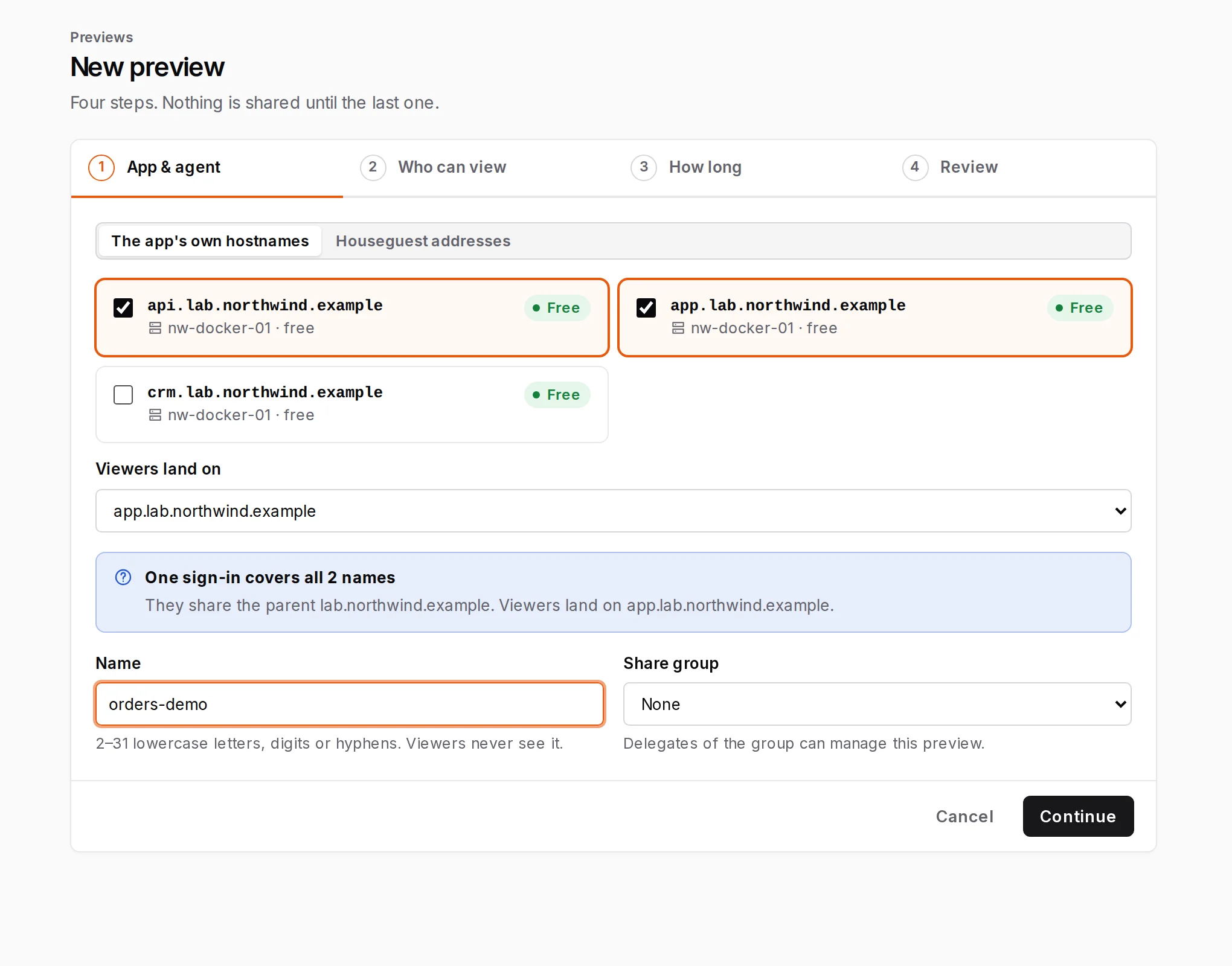New preview, step 1: two hostnames ticked, where viewers land, and the preview's name