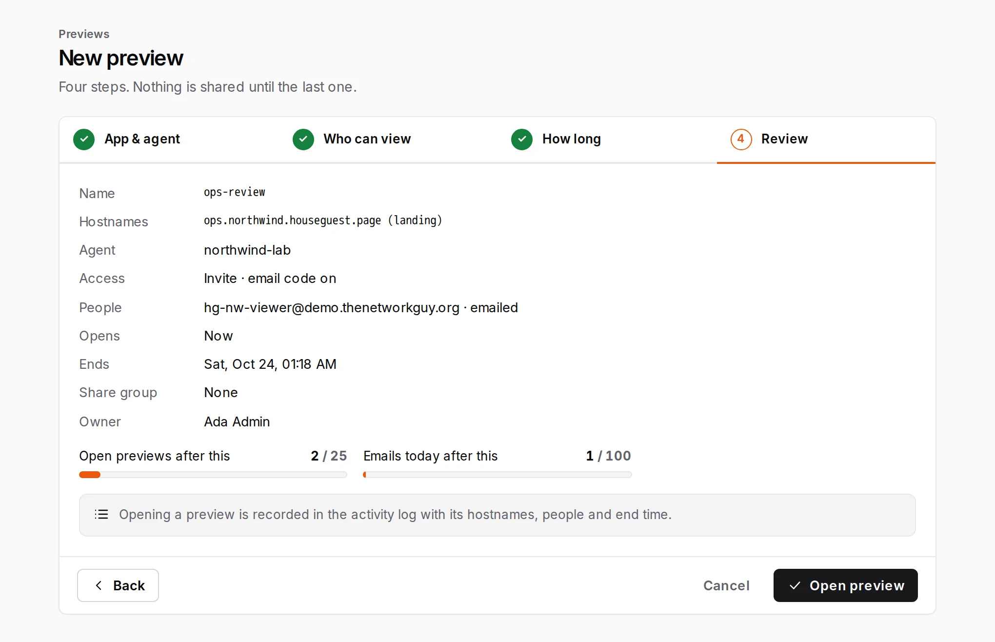 New preview, step 4: the review of name, hostname, agent, access, people and end time, with the open-previews and emails-today meters