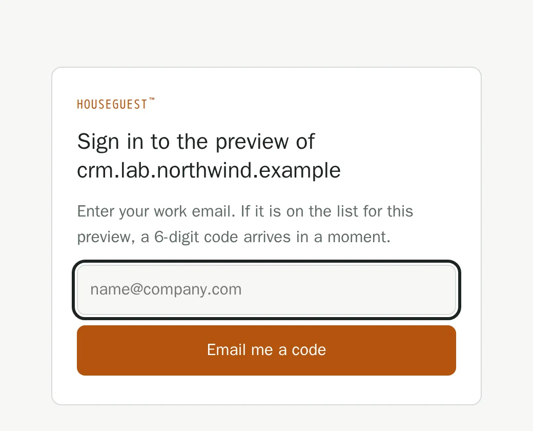 The standing-access sign-in page: Sign in to the preview of the hostname, with Email me a code