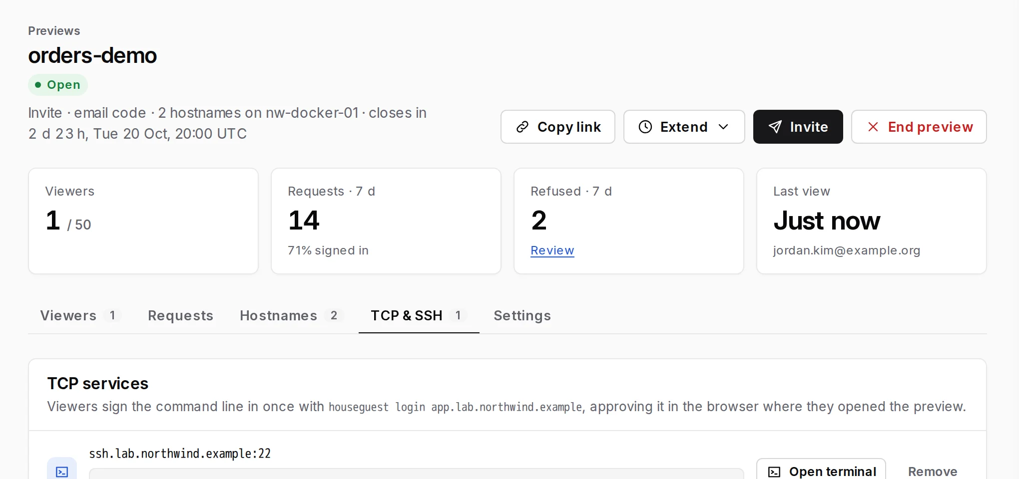 The TCP & SSH tab of a preview, with an SSH service and Open terminal